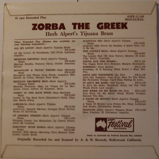 Herb Alpert & The Tijuana Brass : Zorba The Greek (7", EP, Mono, RP)