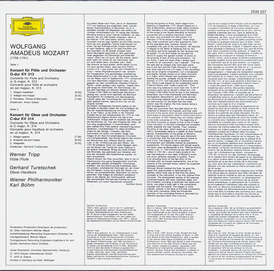 Wolfgang Amadeus Mozart, Gerhard Turetschek ∙ Werner Tripp, Wiener Philharmoniker ∙ Karl Böhm : Flötenkonzert = Flute Concerto Nr. 1 ∙ Oboenkonzert = Oboe Concerto (LP)