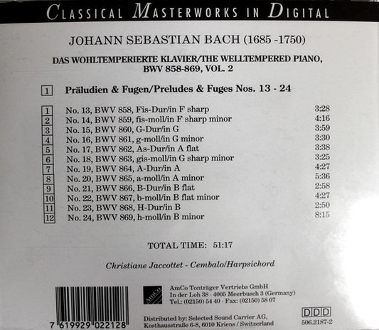 Johann Sebastian Bach - Christiane Jaccottet : Das Wohltemperierte Klavier / The Welltempered Piano, BWV 858 - 869 (CD)