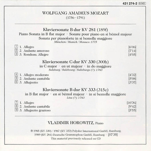 Wolfgang Amadeus Mozart, Vladimir Horowitz : Klaviersonaten KV 281 · KV 330 · KV 333 (Piano Sonatas · Sonates Pour Piano) (CD, Comp)