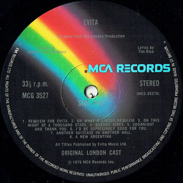 "Evita" Original London Cast Recording, Robert Stigwood In Association With David Land Presents, Lyrics By Tim Rice , Music By Andrew Lloyd Webber : Evita (LP, Album, Gat)