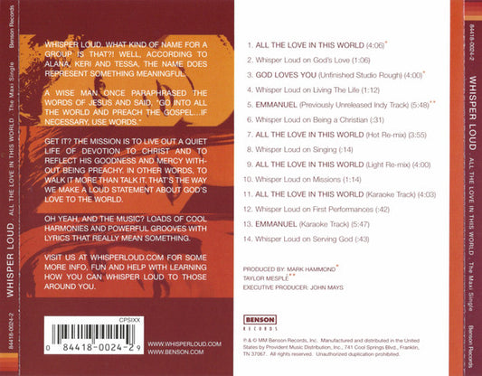 Whisper Loud : All The Love In This World (CD, Maxi)