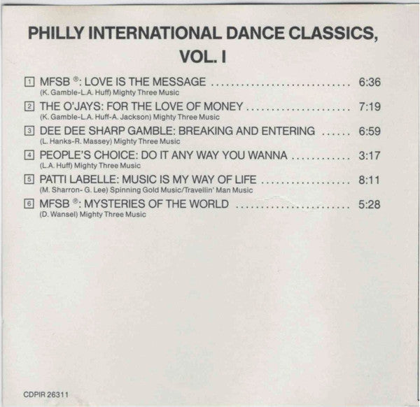 Various : Philly International Dance Classics Vol. 1 (CD, Comp, RE)