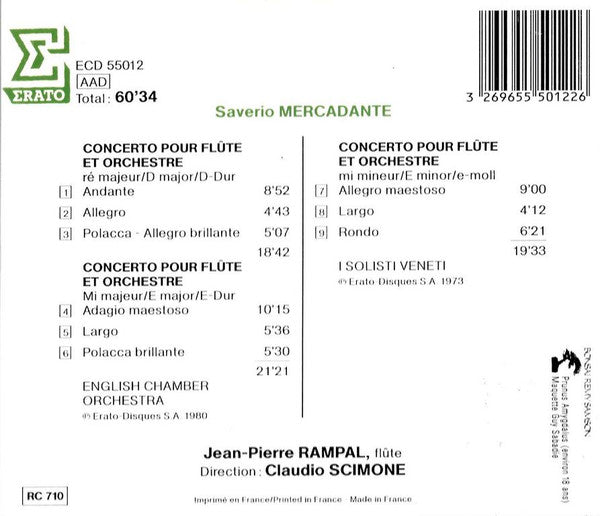Giuseppe Saverio Mercadante, Jean-Pierre Rampal, English Chamber Orchestra, I Solisti Veneti, Claudio Scimone : 3 Concertos Pour Flûte (CD, Comp)