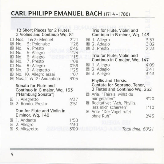 Carl Philipp Emanuel Bach - Les Adieux, Schola Cantorum Basiliensis : Instrumental Chamber Music / Cantata "Phyllis And Thirsis" (CD, Comp)