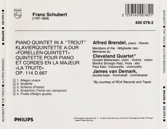 Franz Schubert, Alfred Brendel, The Cleveland Quartet : Forellenquintett Op. 114 "The Trout" "La Truite" (CD, Album, Blu)