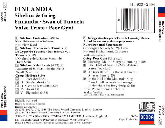 Jean Sibelius & Edvard Grieg : Finlandia (CD, Comp)