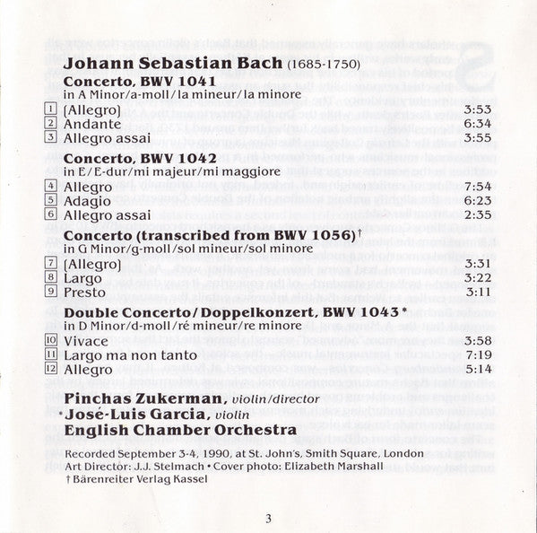 Johann Sebastian Bach, Pinchas Zukerman, English Chamber Orchestra : Violin Concertos (CD, Album)