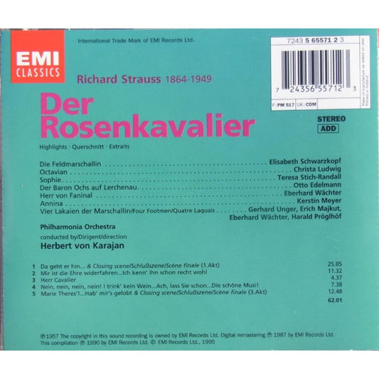 Richard Strauss, Elisabeth Schwarzkopf, Christa Ludwig, Teresa Stich-Randall, Otto Edelmann, Philharmonia Orchestra, Herbert von Karajan : Der Rosenkavalier Highlights (CD, Album, RE, RM)
