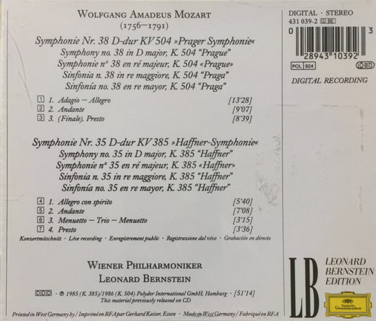 Wolfgang Amadeus Mozart - Leonard Bernstein, Wiener Philharmoniker : Symphonien No. 35 Haffner / No. 38 Prague (CD, Album)