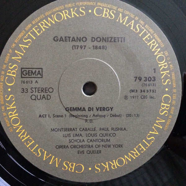 Gaetano Donizetti - Montserrat Caballé, Paul Plishka, Luis Lima, Louis Quilico, The Opera Orchestra Of New York, Eve Queler : Gemma Di Vergy (3xLP, Album, Quad + Box)