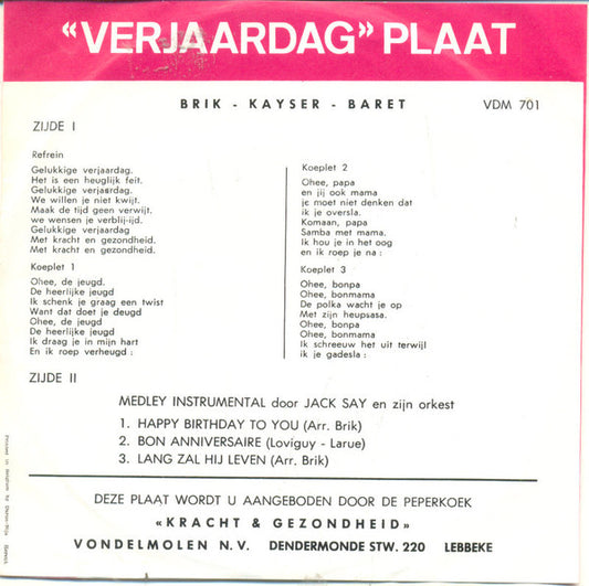 Marc Joris (2), Jack Say : Gelukkige Verjaardag (7", Single, Promo)