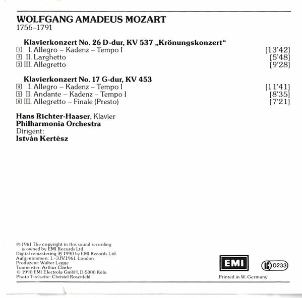 Wolfgang Amadeus Mozart - Hans Richter-Haaser - István Kertész - Philharmonia Orchestra : Klavierkonzerte Nr. 26 "Krönungskonzert" & Nr. 17 (CD, Album)