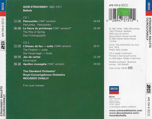 Igor Stravinsky - The Cleveland Orchestra, Concertgebouworkest, Riccardo Chailly : Ballets - Le Sacre Du Printemps - Petrouchka - Jeu De Cartes - Appollon Musagète - L'Oiseau De Feu (Suite) (2xCD, Comp)