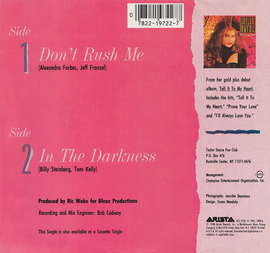 Taylor Dayne : Don't Rush Me (7", Single, Spe)