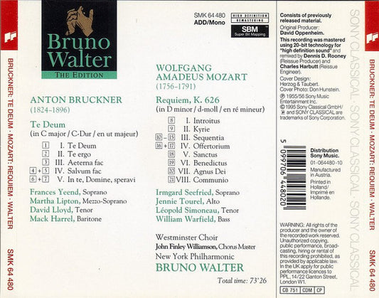 Anton Bruckner, Wolfgang Amadeus Mozart, Bruno Walter, New York Philharmonic : Te Deum / Requiem (CD, Comp, Mono, RM)