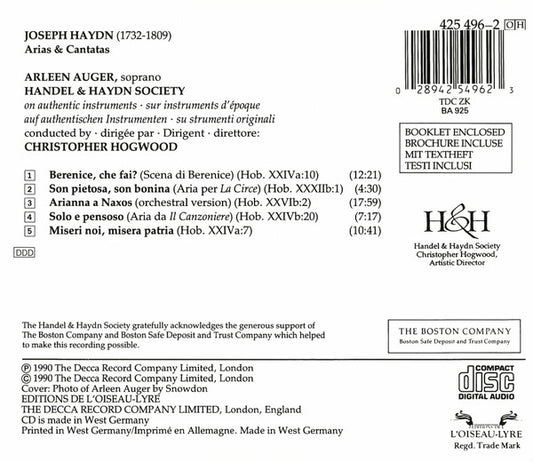 Joseph Haydn – Arleen Auger, The Handel & Haydn Society Of Boston, Christopher Hogwood : Arias & Cantatas (CD, Album)