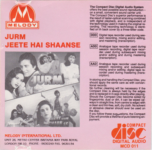 Rajesh Roshan, Anu Malik : Jurm / Jeete Hain Shaan Se (CD, Comp)
