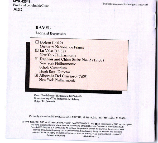 Maurice Ravel - Leonard Bernstein, New York Philharmonic : Bolero / La Valse / Alborada Del Gracioso / Daphnis & Chloe Suite No. 2 (CD, Comp, RE, RM)