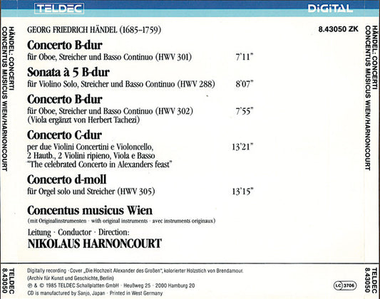 Georg Friedrich Händel, Alice Harnoncourt, Herbert Tachezi, Jürg Schaeftlein, Concentus Musicus Wien, Nikolaus Harnoncourt : Concerto "Alexander's Feast" / Concerti: Violin•Organ•Oboe (CD)