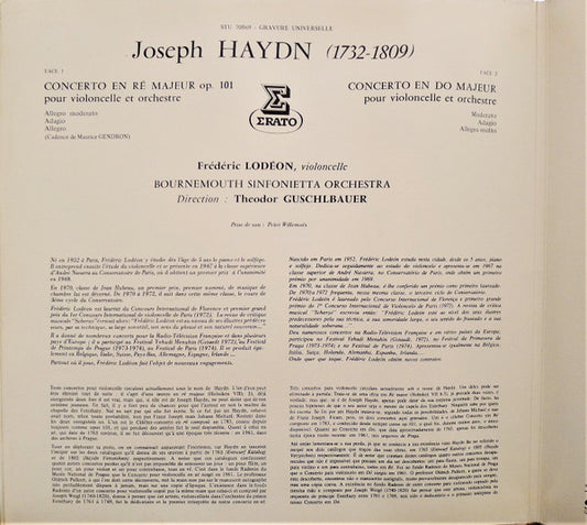 Joseph Haydn - Frédéric Lodéon, Bournemouth Sinfonietta, Theodor Guschlbauer : Les Deux Concertos Pour Violoncelle (LP)