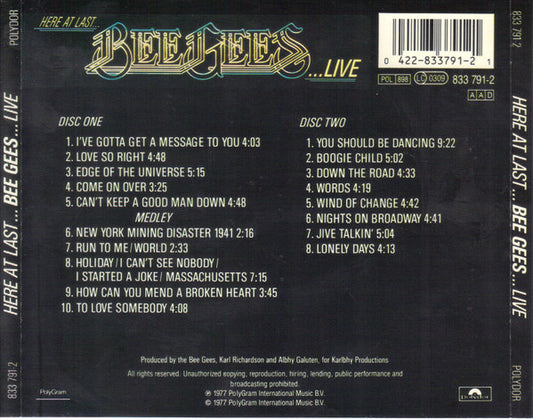 Bee Gees : Here At Last.. Bee Gees ...Live (2xCD, Album, RE)