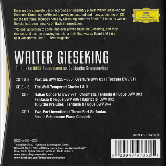 Johann Sebastian Bach - Walter Gieseking : Complete Bach Recordings On Deutsche Grammophon (7xCD, Comp, Mono, RM + Box, Comp, Mono, RM)