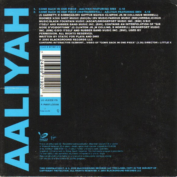 Aaliyah Featuring DMX : Come Back In One Piece (CD, Single, Enh, Car)