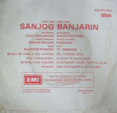 Madan Mohan / Chand Pardesi : Sanjog / Banjarin (7", EP, Comp)