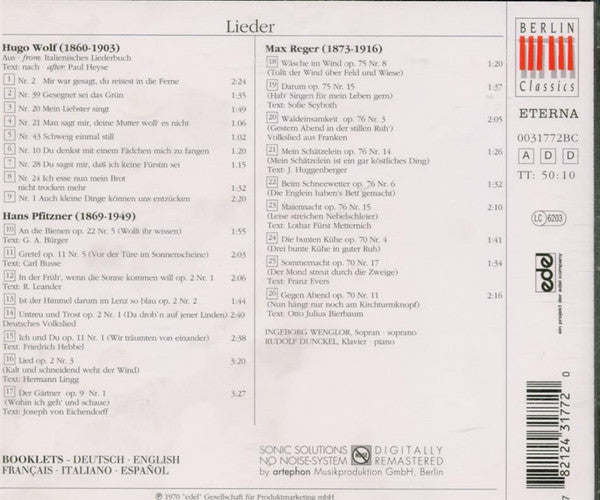 Hugo Wolf, Hans Pfitzner, Max Reger - Ingeborg Wenglor, Rudolf Dunckel : Lieder (CD, Album, RE, RM)