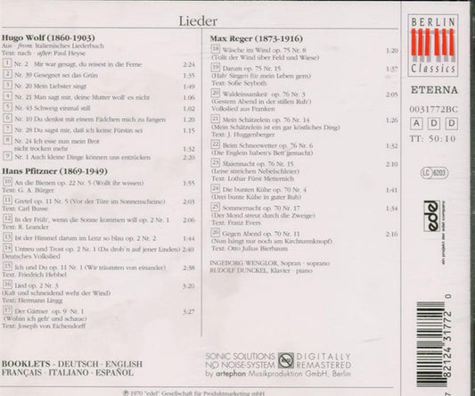 Hugo Wolf, Hans Pfitzner, Max Reger - Ingeborg Wenglor, Rudolf Dunckel : Lieder (CD, Album, RE, RM)