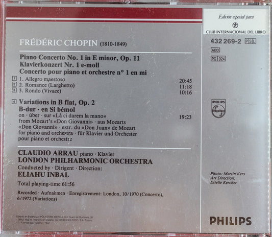 Frédéric Chopin – Claudio Arrau, London Philharmonic Orchestra, Eliahu Inbal : Concerto No. 1 / Variations In B Flat (CD, Comp, Club)