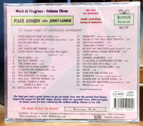 Paul Simon aka Jerry Landis also feat. Art Garfunkel : Work In Progress - Volume Three (Studio Recordings, Demos & Outtakes) (CD, Comp, RM)