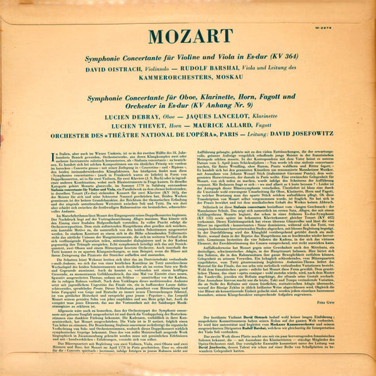 Wolfgang Amadeus Mozart - David Oistrach, Rudolf Barshai, Moscow Chamber Orchestra / Lucien Debray • Jacques Lancelot • Lucien Thévet • Maurice Allard • Orchestre National De L'Opéra De Paris, David Josefowitz : Konzertante Sinfonien Für Violine Und Viola (KV 364) / Für Oboe, Klarinette, Horn, Fagott Und Orchester (K. Ahn. 9) (LP)