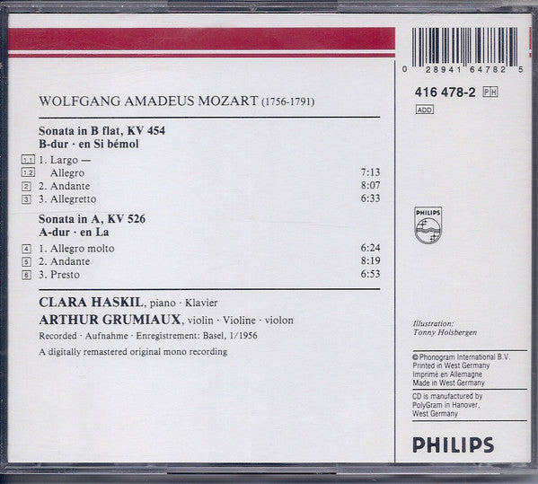 Wolfgang Amadeus Mozart, Clara Haskil, Arthur Grumiaux : 2 Sonaten Für Klavier Und Violine KV 454 & 526 = 2 Sonatas For Piano And Violin (CD)