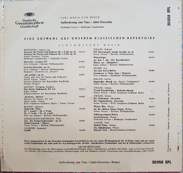 Carl Maria von Weber - Bamberger Symphoniker, Ferdinand Leitner : Aufforderung Zum Tanz / Jubel-Ouvertüre (7", EP, Mono)