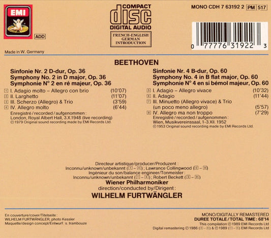 Ludwig van Beethoven - Wiener Philharmoniker, Wilhelm Furtwängler : Sinfonien / Symphonies Nos 2 & 4 (CD, Comp, Mono, RE, RM)