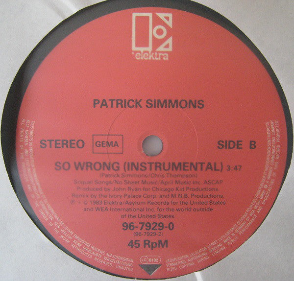 Patrick Simmons : So Wrong (12", Maxi)