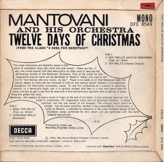 Mantovani And His Orchestra : Twelve Days Of Christmas (7", EP, Mono)