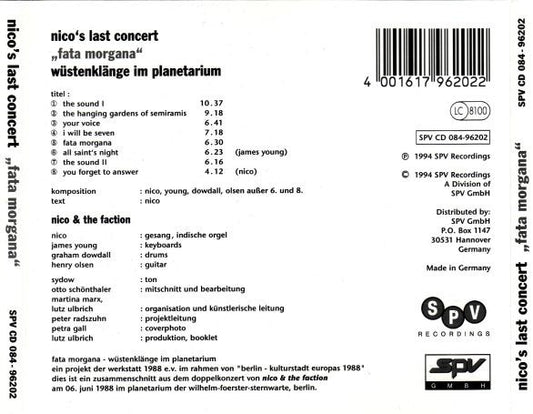 Nico (3) : Nico's Last Concert "Fata Morgana" (CD, Album)