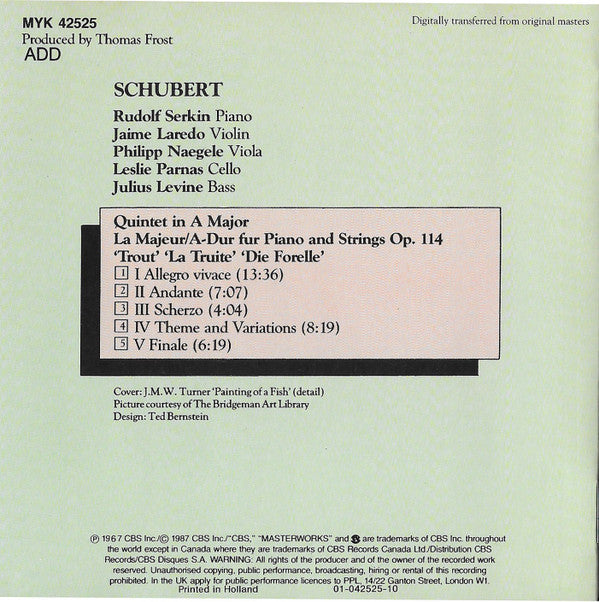Franz Schubert - Rudolf Serkin, Jaime Laredo, Philipp Naegele, Leslie Parnas, Julius Levine : Qunitet For Piano "Trout" = "La Truite" = "Die Forelle" (CD, Album, RE, RM, DAD)