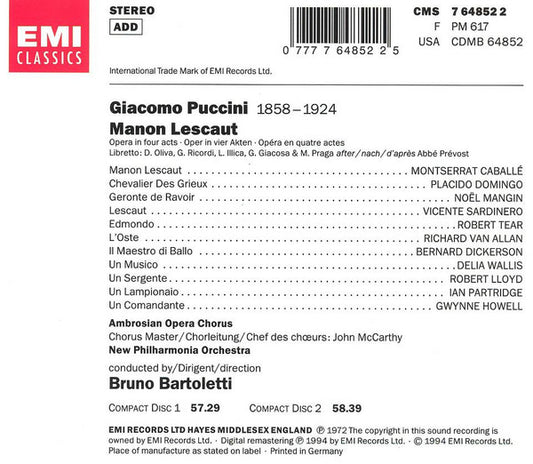 Giacomo Puccini - Montserrat Caballé • Placido Domingo • New Philharmonia Orchestra • Bruno Bartoletti : Manon Lescaut (2xCD, Album, RE, RM + Box)
