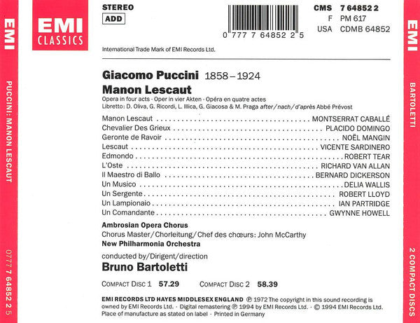 Giacomo Puccini - Montserrat Caballé • Placido Domingo • New Philharmonia Orchestra • Bruno Bartoletti : Manon Lescaut (2xCD, Album, RE, RM + Box)