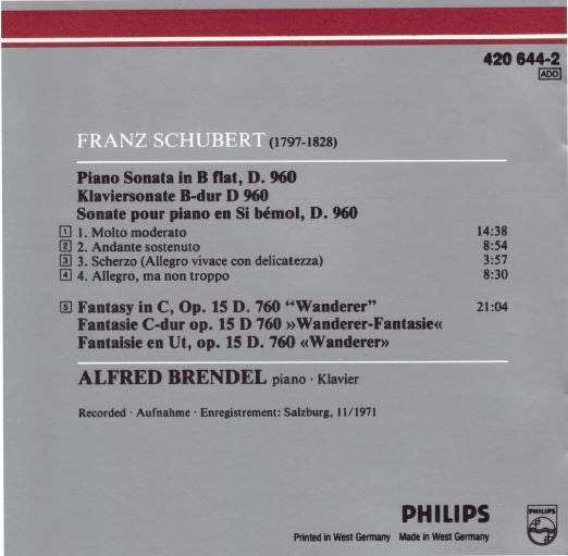 Franz Schubert, Alfred Brendel : Piano Sonata In B Flat • Fantasia In C (CD, Album, RE, RM)