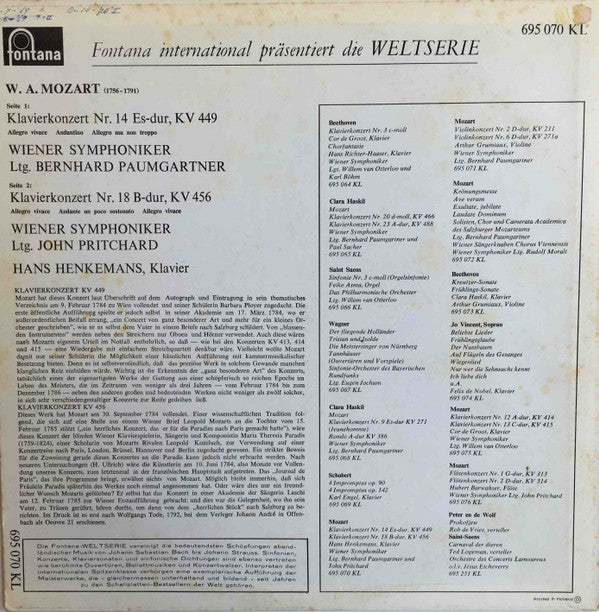 Wolfgang Amadeus Mozart, Hans Henkemans, Wiener Symphoniker, Bernhard Paumgartner, John Pritchard : Klavierkonzert Nr. 14 Es-Dur, KV 449 / Klavierkonzert Nr. 18 B-Dur, KV 456 (LP, Mono)
