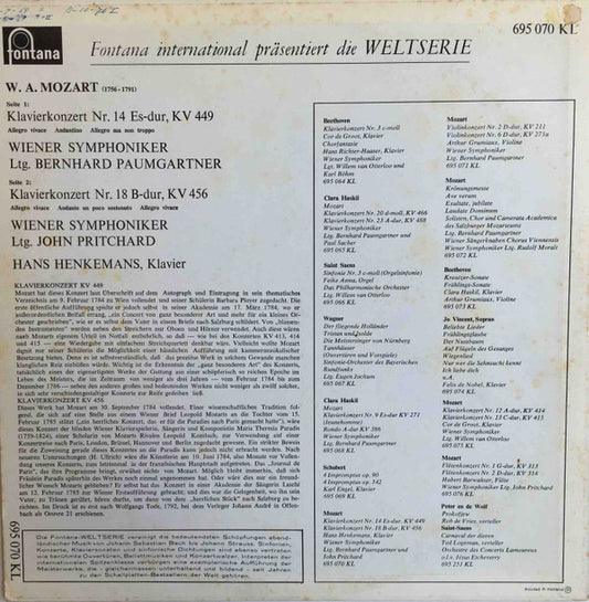 Wolfgang Amadeus Mozart, Hans Henkemans, Wiener Symphoniker, Bernhard Paumgartner, John Pritchard : Klavierkonzert Nr. 14 Es-Dur, KV 449 / Klavierkonzert Nr. 18 B-Dur, KV 456 (LP, Mono)