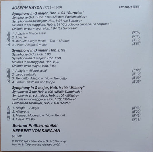 Joseph Haydn, Herbert von Karajan, Berliner Philharmoniker : Symphonien Nos. 93 / 94 "Mit Dem Paukenschlag • Surprise" / 100 "Militär-Symphonie • Military" (CD, Comp)