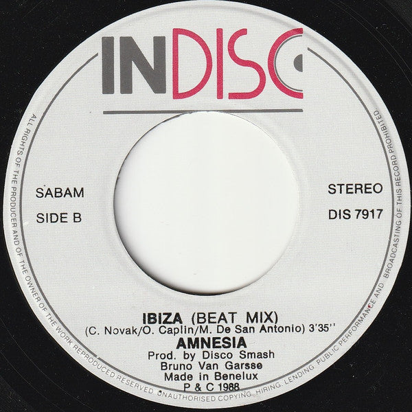 Amnesia : Ibiza (European Acid Mix) (7", Single)