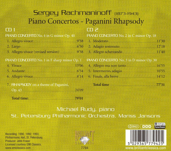 Sergei Vasilyevich Rachmaninoff / Mikhaïl Rudy, St. Petersburg Philharmonic Orchestra, Mariss Jansons : Piano Concertos - Paganini Rhapsody (2xCD, RE)