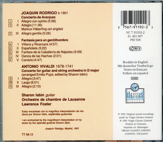 Sharon Isbin, Orchestre De Chambre De Lausanne : Rodrigo - Concierto De Aranjuez - Fantasía Para Un Gentilhombre - Vivaldi : Concerto For Guitar & Strings (CD, Comp)